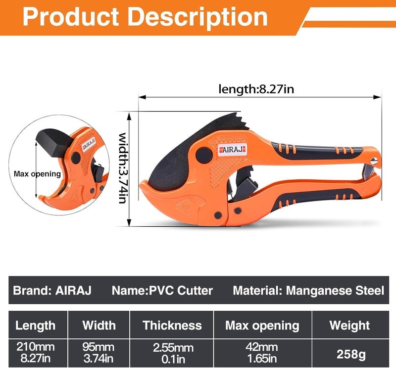 AIRAJ- PVC Pipe Cutter | Cuts up to 1-3/4" (1.75'') | Ratcheting PVC Cutter Tool | PEX Pipe Cutter | V Shaped SK5 Steel Blade | Suitable for PVC/CPVC/PP/PEX/PE Plastic Pipe Cutters - Image 4